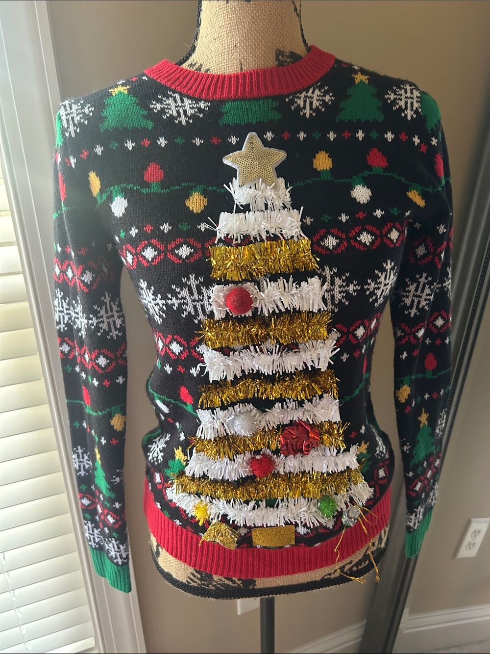 No Boundaries Black Holiday Crewneck Sweater with Gold & White Tinsel Tree